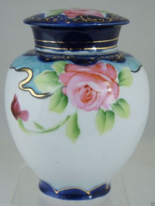 Antique Nippon ? Cobalt Blue,  White,  Gold,  Hand Painted Rose Flower Jar/urn/vase