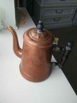 Antique Vintage Copper Coffee Pot With Wooden Handle.  9.  5 " Tall