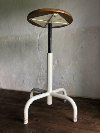 Mid Century French Metal & Wood Industrial Swivel Stool 1950s