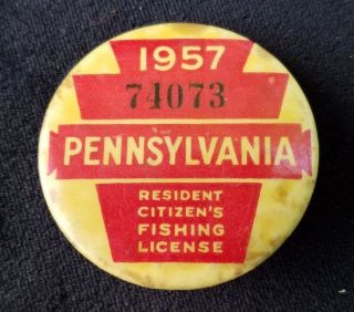 1957 Pennsylvania Resident Citizen ' s Fishing License Pinback 2