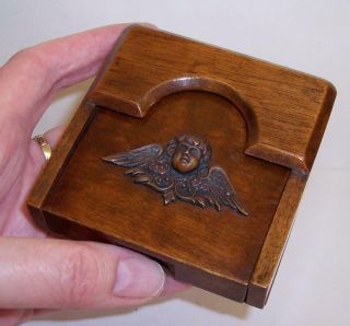 Antique Art Nouveau Wood Wooden Travelling Pocket Watch Holder Cherub/angel