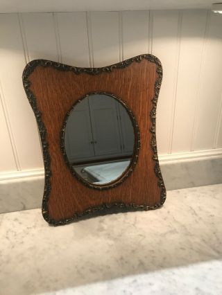 Antique Oval Mirror In Oak Frame (14 1/2” X 11 3/4”)