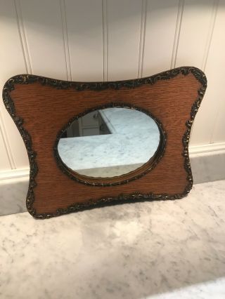 Antique Oval Mirror In Oak Frame (14 1/2” X 11 3/4”) 2