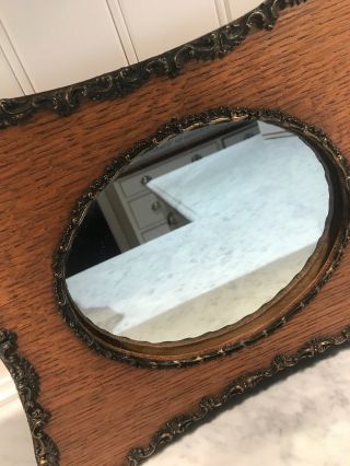 Antique Oval Mirror In Oak Frame (14 1/2” X 11 3/4”) 4