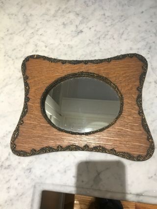 Antique Oval Mirror In Oak Frame (14 1/2” X 11 3/4”) 7