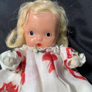 Early Vintage Nancy Ann Storybook Baby Doll Bisque & Cloth Holiday Dress 5” NASB 3