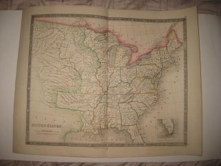 Antique 1844 United States Teesdale Handclr Map Texas Republic Territory Florida