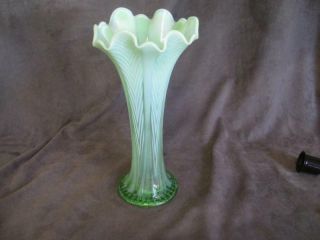 Antique Green Opalescent Tall Art Glass Vase,  Fenton Feathers,  - Ks8