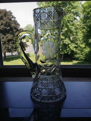 Tall Antique Abp Brilliant Period Cut Glass Floral Pitcher