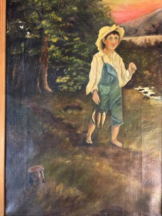 B.  E.  LIBBY Antique American Folk Art Oil Painting 1887 Huck Finn / Tom Sawyer 3