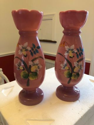 Antique Pair Pink Bohemian Czech Hand Painted Floral Design Vases H25cm W9cm