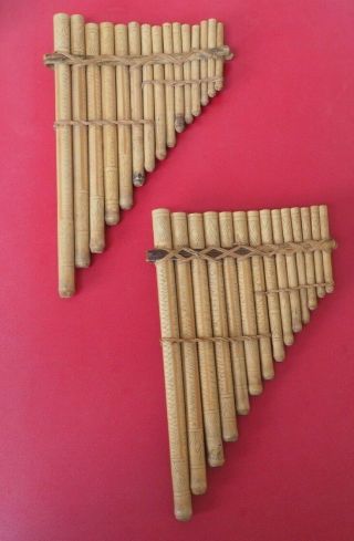 Pair Vintage Pacific Oceanic Polynesian Solomon Islands Wooden Bamboo Pan Pipes