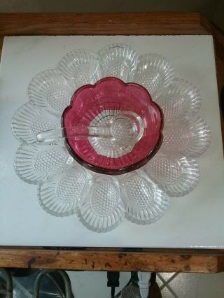 Vintage DEVIL EGG SERVING DISH clear CUT GLASS w/ Ruby dip bowl & glass spoon 2