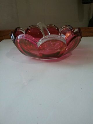 Vintage DEVIL EGG SERVING DISH clear CUT GLASS w/ Ruby dip bowl & glass spoon 5