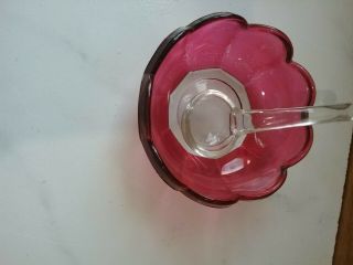 Vintage DEVIL EGG SERVING DISH clear CUT GLASS w/ Ruby dip bowl & glass spoon 6