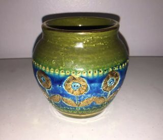 Vintage Mid - Century Modern Italian? Art Pottery Green Sunflower Gold Gilt Vase