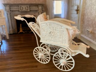 1980s Miniature Dollhouse Artisan Wicker Victorian Baby Pram Stroller England