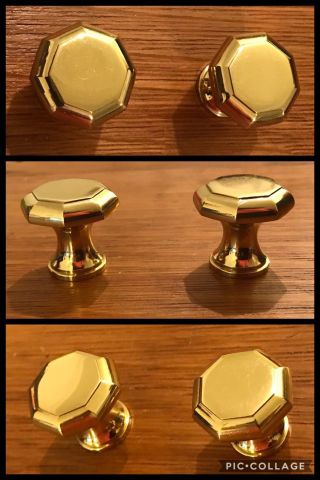 2 Knobs Octagon 8 Side Polish Brass Pull English Pedestal Cabinet Drawer Vintage
