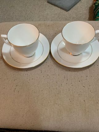 Clare Bone China Made In England Set Of 2 White W/gold Trim Tea Cup & Saucers