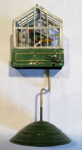 Antique German Tin Wind - Up Bird In Birdcage & Stand Toy