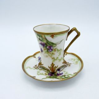 Antique Old Abbey French Limoges Hand Painted Flowers Cup And Saucer,  Nr