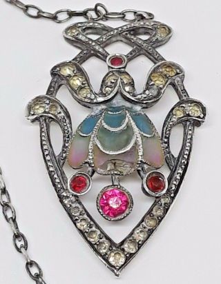 Antique Victorian Art Nouveau Enamel Moth Necklace Pendant With Paste Stones