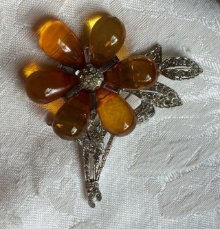 Vintage/antique Flower Brooch,  Rhodium Leaves W/stones,  Large Plastic " Petals "