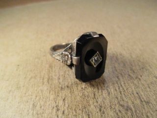 Antique Sterling Silver & Black Onyx Ring,  Unsigned,  Size 5.  75,  4.  5g