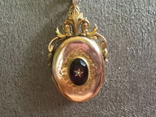 Antique Vintage Gold Filled Locket Pendant With Amethyst Pearl Etched With Chain