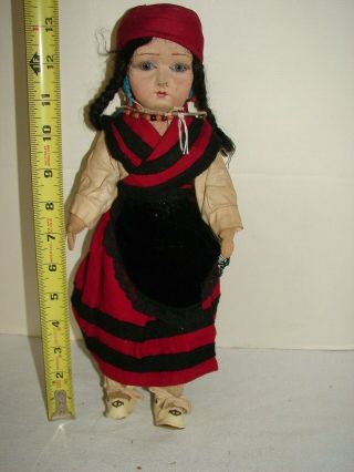 Vintage Stuffed Cloth Doll 14 Inch Glass Eyes Painted Face Gypsy Peasant Girl