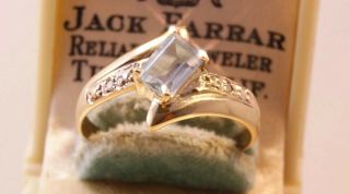 Cute 10k Solid Yellow Gold Ring,  Emerald Cut Natural Aquamarine With Diamonds.