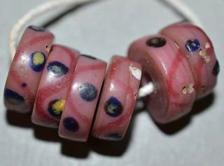 Antique Venetian Lampwork Pink Glass Fancy Eye Disc Beads Stripes,  African Trade