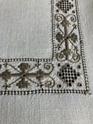 Vintage Hand Embroidered Cypriot Lefkara Work Small Beige Linen Tablecloth