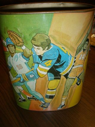 Vintage Metal Trash Can,  Waste Basket Sports Players Has Some Rust