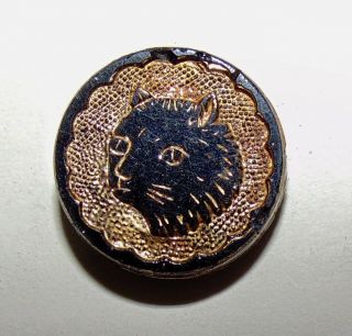 Vintage Small Black Glass Gold Luster Cat Button 4000