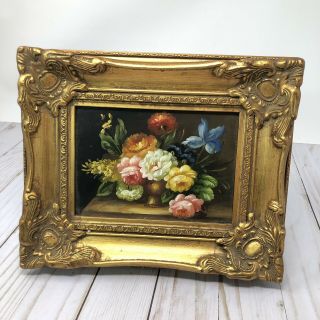 Antique Small Still Life Floral Oil Painting Ornate Gold Frame Signed