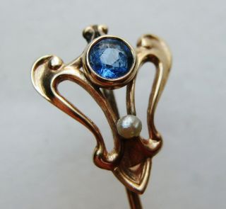 Antique Victorian 10k Gold Blue Topaz Seed Pearl Art Nouveau Stick Pin Brooch