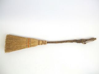 Vintage Primitive Hearth Broom W/ Sorghum Bristles Twisted Branch Handle 32 "