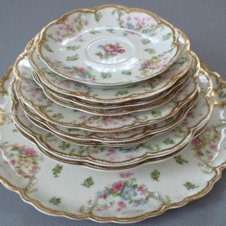 10 Antique Haviland Porcelain Plates 5 - 11 " Flower Swags Schleiger 72 Double Gold