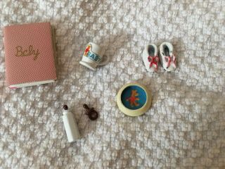 Vtg Mid Century Miniature Dollhouse Nursery Baby Booties Book Bottle Binki Cup