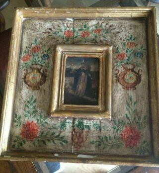 Antique Mexican Retablo Folk Art Tin With Large Painted Wood Frame