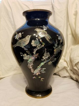 This Is A Large Korean Vase.  Brass,  With Black Lacquer And Mother Pearl.