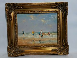 Ornate Framed,  Hand Painted Oil Painting 8x10 Inch,  Beach,  Ocean,  Fishermen