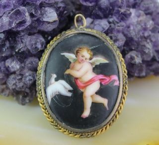 Antique French Painted Porcelain Cherub & Dove W 14k Bale Pendant Brooch Pin Msw
