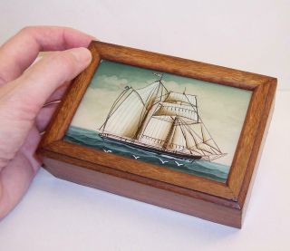 Vintage Wooden Box With Reverse Painted Glass Lid Sailing Ship/yacht Nautical