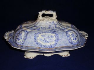 Antique Oriental Blue Ridgeway England Porcelain Covered Serving Bowl C.  1890