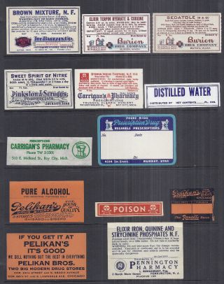 Vintage Mid Century 13 Dif.  Pharmacy Apothecary Medicine Labels,  Opium Codine