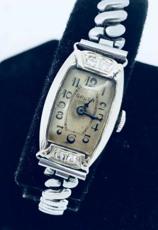 1935 Antique 14k White Gold Art Deco Gruen Guild Diamond Hinged Case Dress Watch
