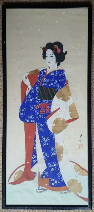 Large Framed Japanese Silk Print Of A Geisha Girl,  Signed
