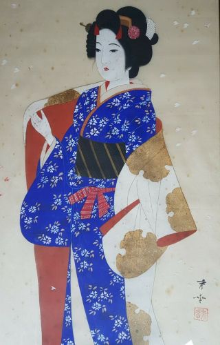 Large framed Japanese Silk Print of a Geisha Girl,  signed 3